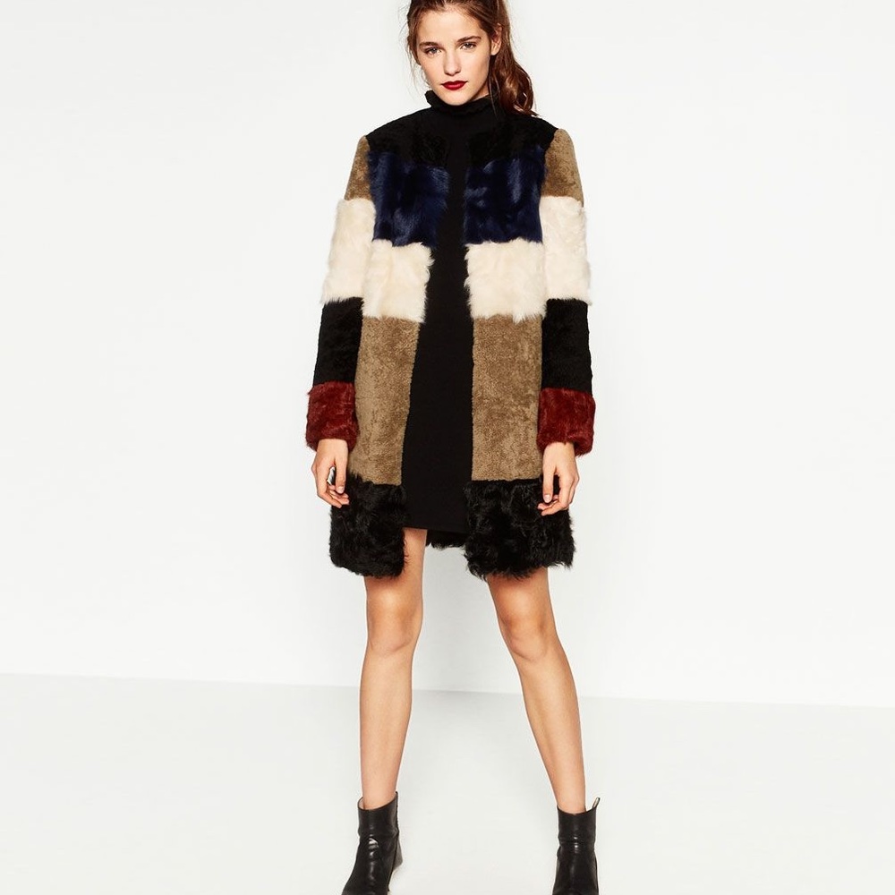 Zara Leather Patchwork Fur Coat Women’s Size S. New with Tags.